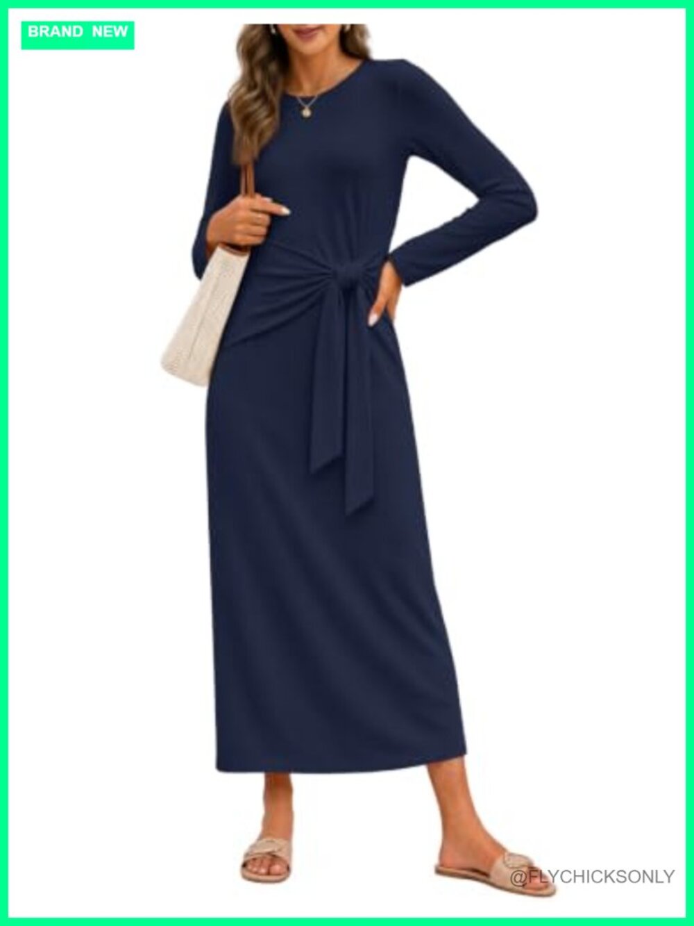 Women's Long Sleeve Knit Maxi Dress Tie Waist Casual Work